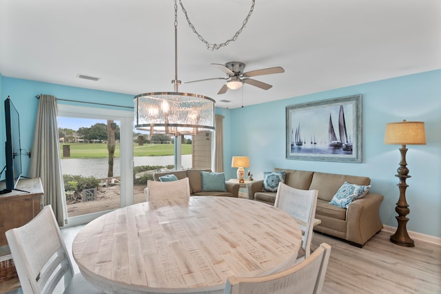 dining room with ceiling fan, a water view, and light hardwood / wood-style floors