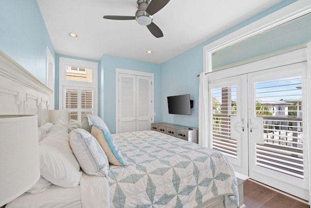 bedroom with french doors, hardwood / wood-style floors, a closet, access to outside, and ceiling fan