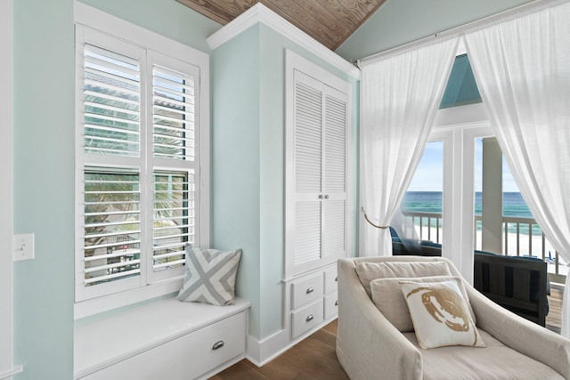 sitting room featuring a water view, plenty of natural light, and dark hardwood / wood-style flooring