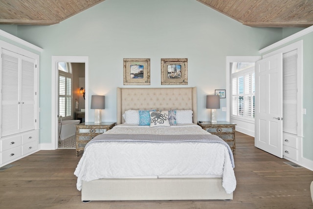 bedroom featuring wood ceiling, dark wood-type flooring, and high vaulted ceiling