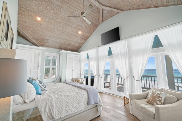 bedroom with high vaulted ceiling, access to outside, wood-type flooring, ceiling fan, and wooden ceiling