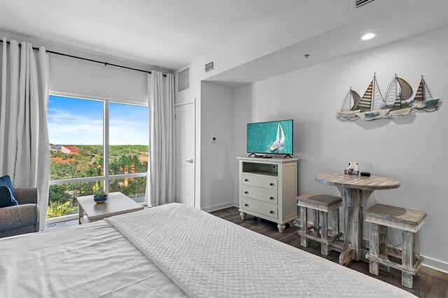 bedroom featuring multiple windows and dark hardwood / wood-style flooring