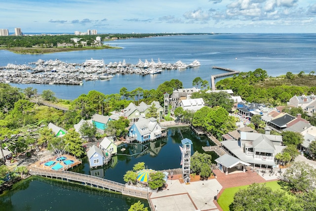 aerial view featuring a water view