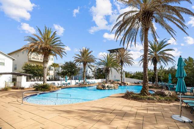 view of swimming pool with a patio area