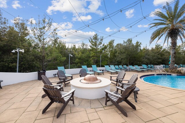 view of pool with a patio area and an outdoor fire pit