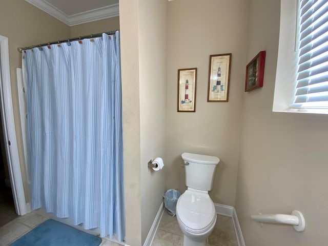 bathroom with toilet, walk in shower, tile patterned floors, and crown molding