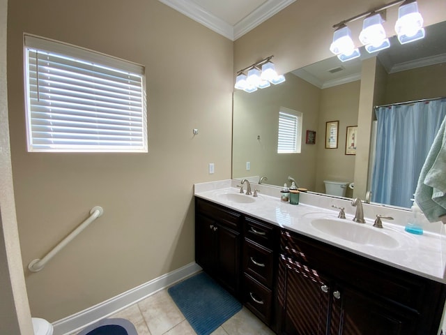 bathroom with toilet, tile patterned floors, and ornamental molding