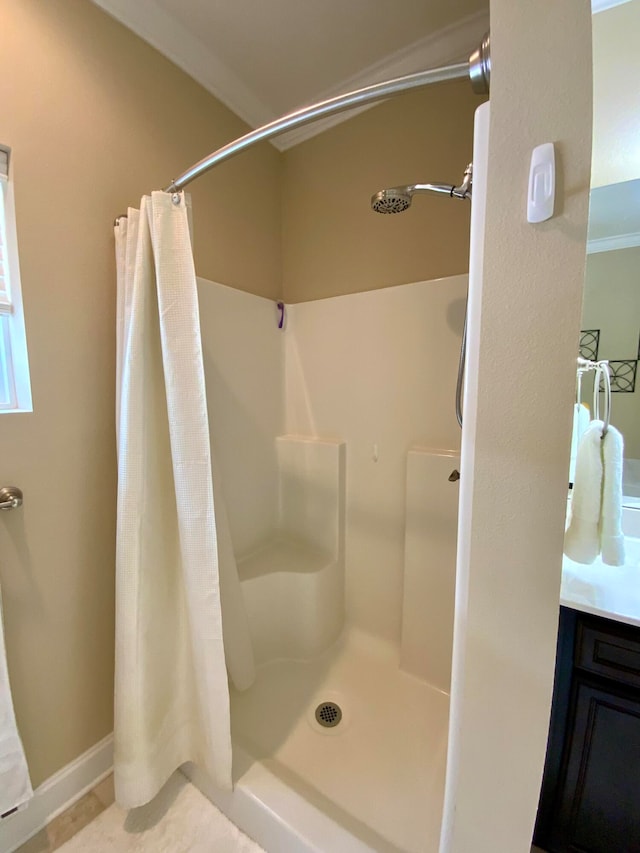 bathroom with vanity and a shower with shower curtain