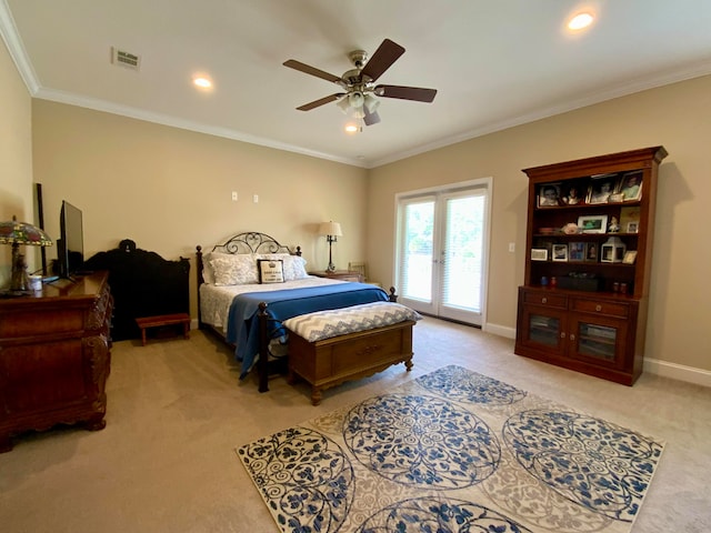 carpeted bedroom featuring ceiling fan, ornamental molding, french doors, and access to outside