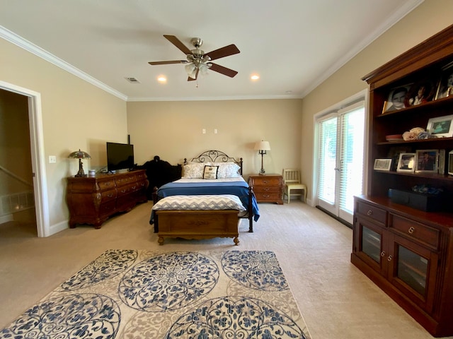 bedroom with ornamental molding, light carpet, ceiling fan, and access to exterior