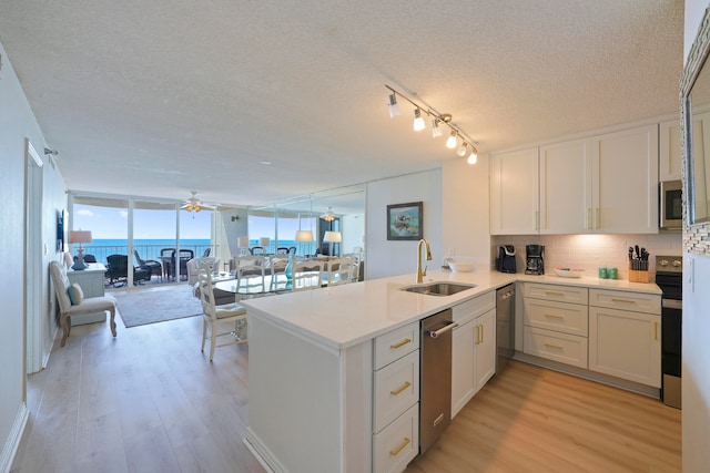 kitchen featuring a water view, white cabinetry, sink, and kitchen peninsula