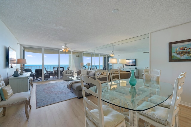 dining area featuring light hardwood / wood-style floors, a textured ceiling, plenty of natural light, and expansive windows