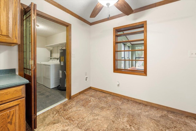 clothes washing area with a textured ceiling, washer and dryer, ceiling fan, ornamental molding, and water heater