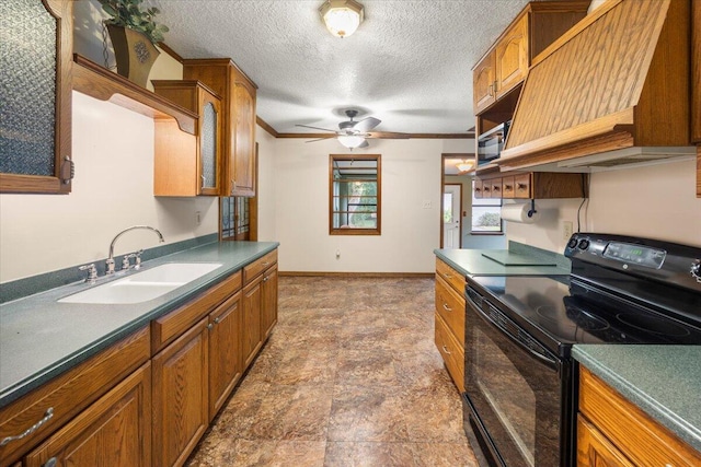 kitchen with black range with electric cooktop, a textured ceiling, sink, ceiling fan, and ornamental molding