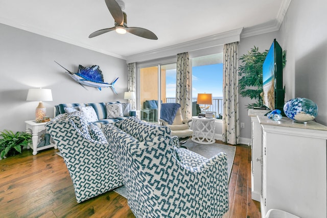 bedroom featuring dark wood-type flooring, ceiling fan, crown molding, and access to outside