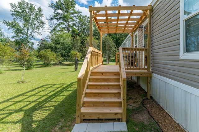 wooden terrace with a pergola and a yard