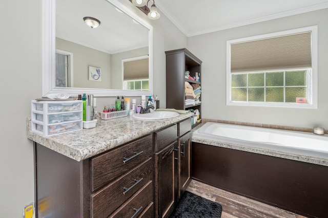 bathroom with hardwood / wood-style flooring, ornamental molding, a washtub, and vanity