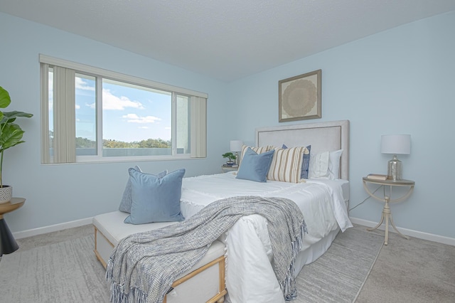 bedroom featuring baseboards, a textured ceiling, and carpet flooring