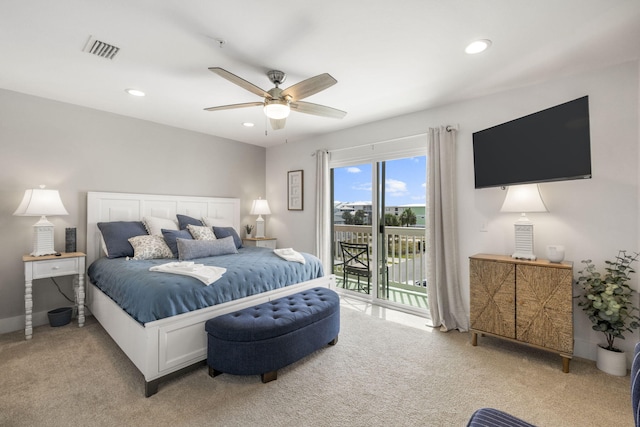 bedroom featuring light colored carpet, access to exterior, and ceiling fan