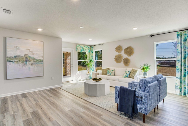 living room featuring a textured ceiling, a healthy amount of sunlight, and light hardwood / wood-style floors