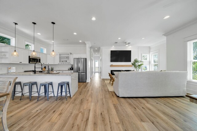 living room featuring crown molding, plenty of natural light, and light hardwood / wood-style floors