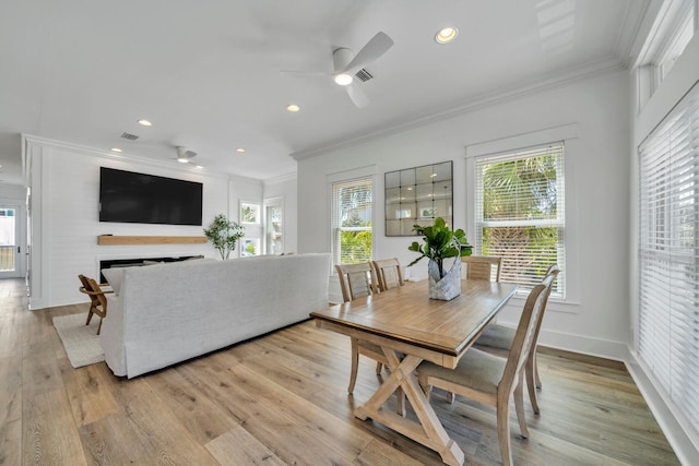 dining space featuring ceiling fan, light hardwood / wood-style floors, crown molding, and a healthy amount of sunlight