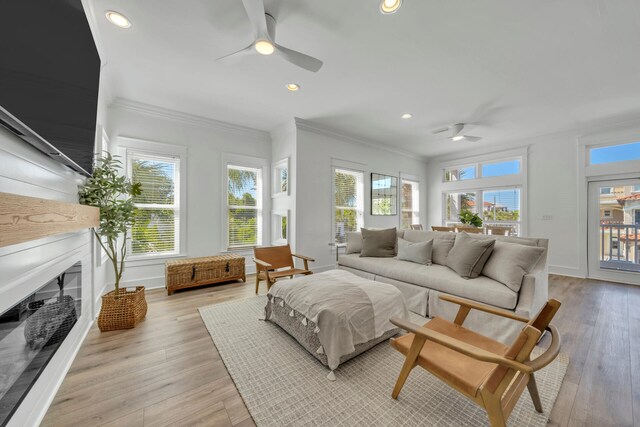 living room with ceiling fan, ornamental molding, and light hardwood / wood-style floors