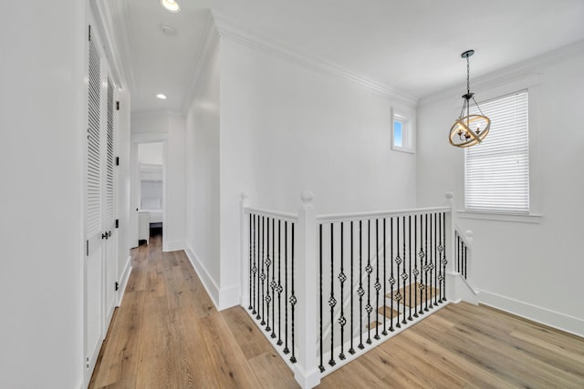 hall with light wood-type flooring, a chandelier, crown molding, and a healthy amount of sunlight