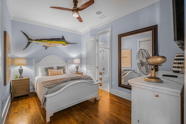 bedroom with ornamental molding, dark wood-type flooring, and ceiling fan