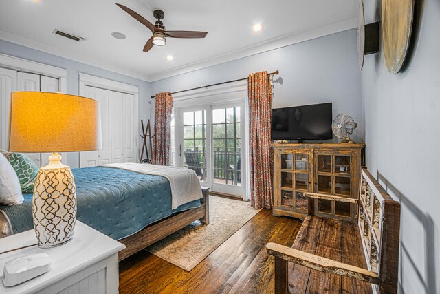 bedroom with crown molding, access to outside, ceiling fan, and dark hardwood / wood-style floors