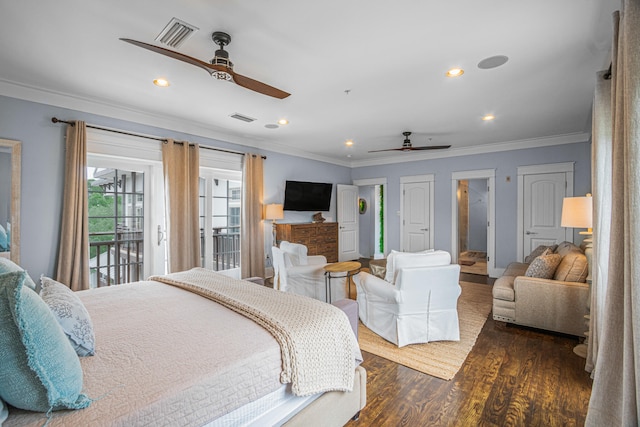 bedroom with ornamental molding, access to exterior, ceiling fan, and dark hardwood / wood-style floors