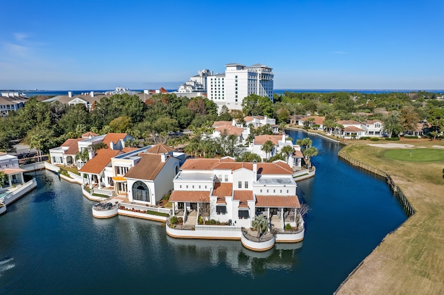 bird's eye view with a water view