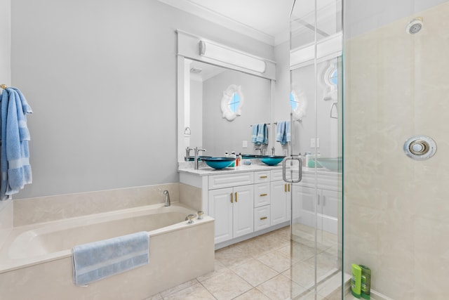 bathroom featuring plus walk in shower, tile patterned flooring, vanity, and crown molding