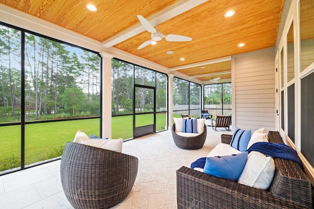 sunroom / solarium featuring ceiling fan, wooden ceiling, and a healthy amount of sunlight