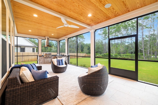 sunroom / solarium with wood ceiling and ceiling fan