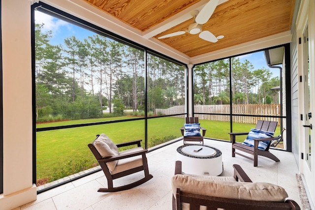 sunroom / solarium with wood ceiling and ceiling fan