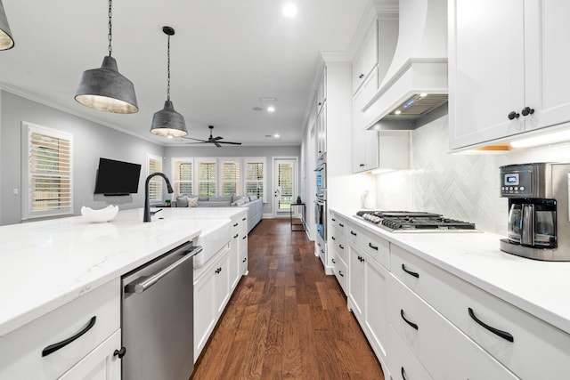 kitchen featuring pendant lighting, white cabinetry, stainless steel appliances, custom range hood, and dark hardwood / wood-style flooring