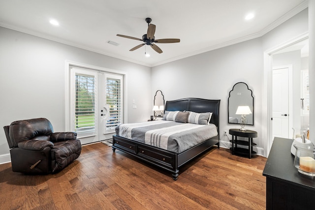 bedroom featuring ornamental molding, ceiling fan, access to exterior, and dark hardwood / wood-style flooring