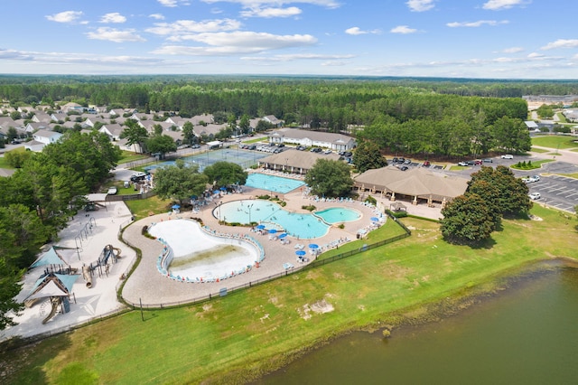 birds eye view of property featuring a water view