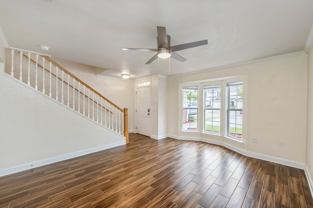 unfurnished living room featuring ornamental molding, ceiling fan, and dark hardwood / wood-style flooring