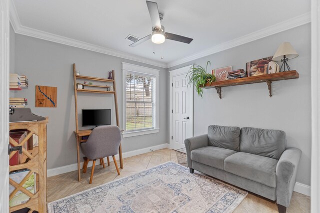 tiled living room with ceiling fan and ornamental molding