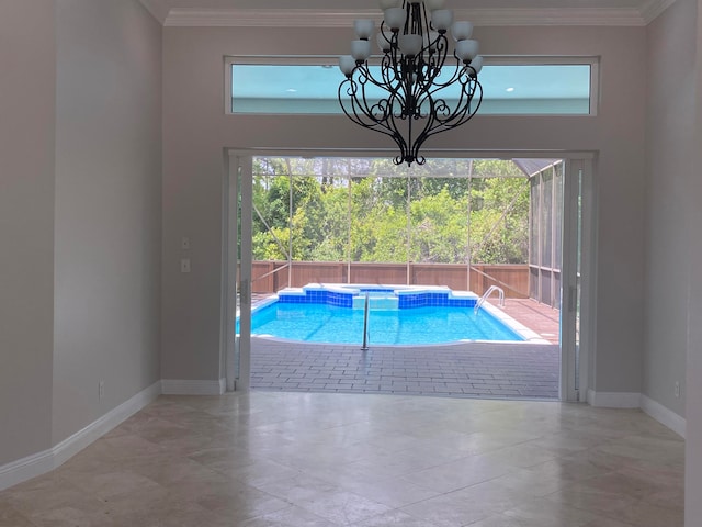 view of swimming pool with a chandelier