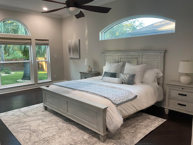 bedroom featuring ceiling fan, dark hardwood / wood-style flooring, a high ceiling, and ornamental molding