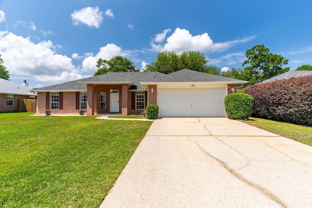 ranch-style house with a garage and a front yard