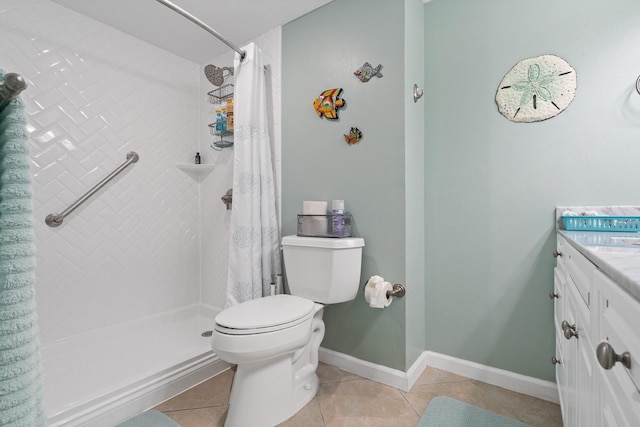 bathroom featuring tile patterned flooring, a shower with shower curtain, toilet, and vanity