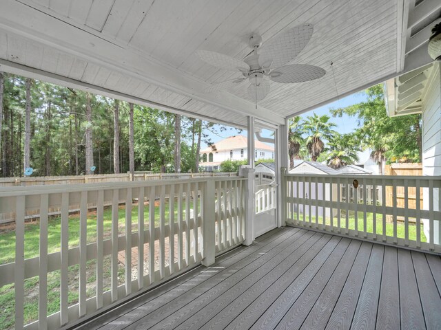 deck with ceiling fan and a lawn