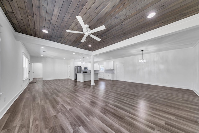 unfurnished living room featuring dark hardwood / wood-style flooring, wood ceiling, and ceiling fan with notable chandelier