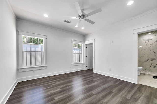 spare room featuring a wealth of natural light, dark wood-type flooring, and ceiling fan