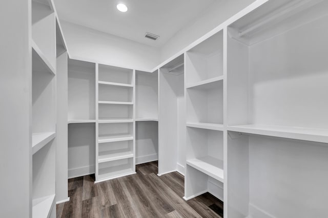 walk in closet with dark hardwood / wood-style floors