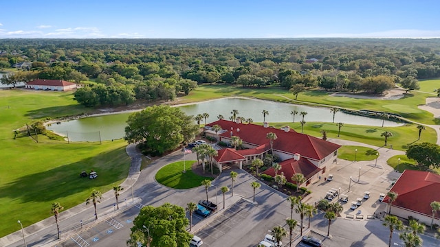 drone / aerial view with a water view